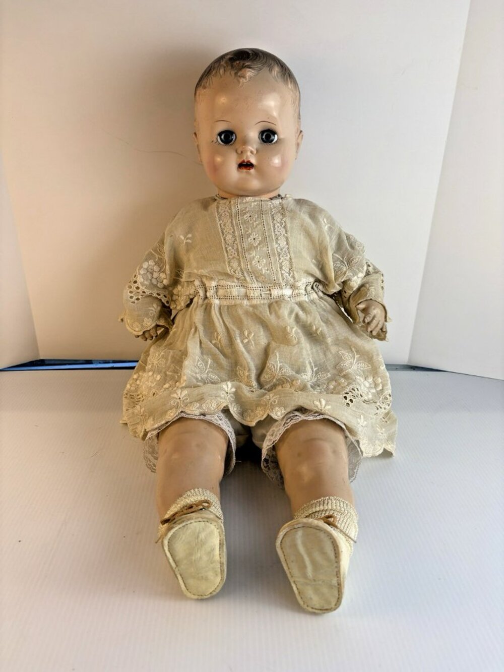 Antique 1930s Ideal Composition Doll Sleepy Eyes Molded Hair Cloth Body Gown